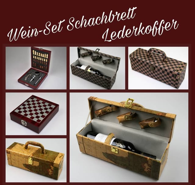 Bildcollage mit Weinsets, einem Schachbrett und dekorativen Koffern auf dunkelrotem Hintergrund.