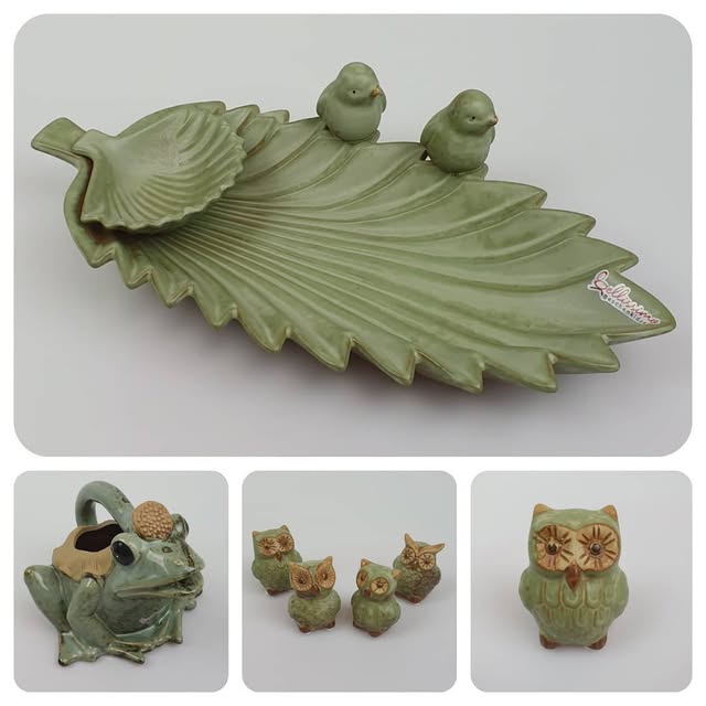 Bildcollage mit einer grünen Schale in Blattform und zwei kleinen Vögeln sowie mehreren dekorativen Eulenfiguren.
